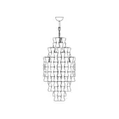 Suspension lamp, metal line drawing, conical form constructed from tiered, interconnected hourglass shapes, suspended by chain and cable.