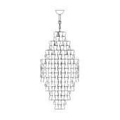 Clepsydra suspension lamp, black and white line drawing, cascading diamond shape composed of repeating hourglass elements, circular canopy.