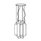 Wind chime with rectangular, wood-tone chimes suspended from a circular top by curved cords, studio shot.