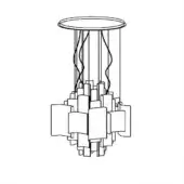 Chandelier line drawing, black and white, geometric rectangular forms clustered below a circular mount with vertical rods.