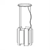 Pendant light, metal line drawing, tiered rectangular shade, minimalist geometric form, descending cord, white background.