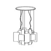 Chandelier line drawing, matte metallic, circular form with stacked rectangular elements and curving rods, asymmetrical design on white background.