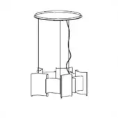 Pendant light, black and white drawing, circular canopy with multiple rods supporting stepped rectangular shades and a central coiled cord.