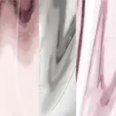 Abstract watercolor triptych with pink, grey, and periwinkle washes in vertical panels, displaying fluid gradients and marbled textures.