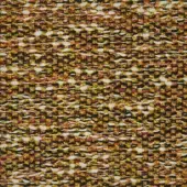 Dense woven textile with irregular black, yellow, red, and white pattern; tight, nubby weave of curved strands creates textured surface.