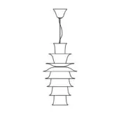 Tiered pendant light, black line drawing, circular stacked discs, minimalist design, slender cord, technical illustration, campanula version.