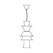 Tiered pendant light, black line drawing, five bowl-shaped shades stacked vertically, slender curved cord, technical illustration.
