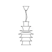 Pendant light fixture, metal, five-tiered conical design with scalloped circular shades suspended by a slender cord against a white background.