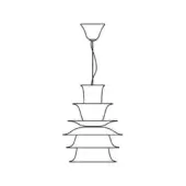 Tiered pendant light, black line drawing, conical mount, stacked circular shades, scalloped edges, technical illustration, white background.