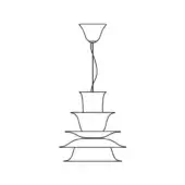 Tiered pendant light, black line drawing, conical mount with stacked circular elements and slender cord, minimalist design.
