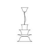 Pendant lamp line drawing, conical shade, black cord suspends stacked geometric shapes – square, rounded rectangle, hourglass base – on white.