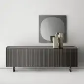 Sophisticated Tonelli Design Aterea sideboard with dark gray fused glass and angled legs presents a ribbed finish