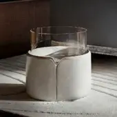 Distinguished Giorgetti Teti side table with container in liquid metal fading from white to copper and light grey textile upholstery