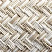 Woven texture sample, beige and cream tones, diagonal basketweave pattern with interlaced strips, matte finish, natural fiber appearance.