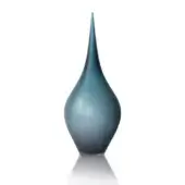 Glass vase, matte aqua grey, teardrop shape with gradient coloring, smooth finish, slender form, minimalist design, centered on white background.