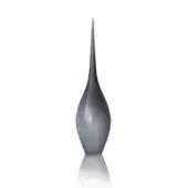 Glass vase, matte grey, teardrop shape with narrow neck and wide base, reflecting on a polished white surface.