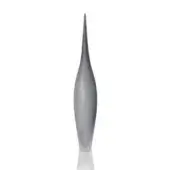 Grey ceramic vase, elongated spindle shape, matte finish, subtle gradient, centered on white surface with soft reflection.
