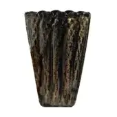 Black and gold glass vase, rectangular shape with scalloped rim, featuring vertical streaks and embedded gold flecks, polished glossy finish.