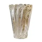 Clear glass vase with gold flecks, tapered conical shape, scalloped rim, glossy finish, studio shot on white background.