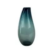 Glass vase, polished aqua and grey, teardrop shape with gradient coloration and subtle internal reflections in studio lighting.