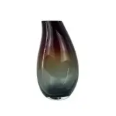 Glass vase, polished red and grey, elongated shape with gradient coloration transitioning from burgundy to smoky grey, rounded base.