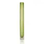 Green glass cylindrical vase, matte finish, slender form with clear glass base and minimalist aesthetic against a white backdrop.