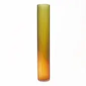 Glass vase, green and topaz, cylindrical form with gradient coloration and vertical striations, slender silhouette, translucent material.