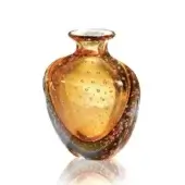 Hand-blown glass vase, amber and topaz, rounded organic shape with constricted neck and flared opening, mottled texture with embedded bubbles.