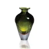 Hand-blown glass vase, green and topaz, bulbous shape with conical base and speckled coloration, featuring a reddish-brown band.
