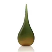 Glass sculpture, matte green and amber, teardrop shape with a slender neck and rounded point, set against a white background.