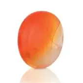 Polished stone orb, matt orange Disko variety, with gradient coloration and hairline fractures on a white reflective surface.