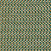 Geometric textile pattern with muted teal, ochre, and pale gray woven threads forming horizontal stripes and diagonal arrowhead shapes.
