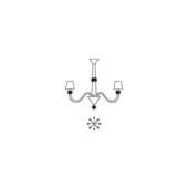 Three-light wall sconce, metal line drawing, curved arms with tapered lampshades and finials, central stem, floral starburst detail.