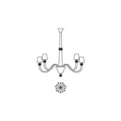 Chandelier, steel line drawing, Amsterdam size D, vertical stem, curved arms, domed lampshades, starburst base, white background.