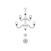 Five-light chandelier black line drawing, symmetrical design with curved arms, lampshades, and teardrop element, technical illustration.