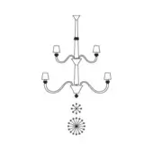 Five-light chandelier line drawing, black and white, curved arms with lampshades, decorative stem, starburst motifs below.