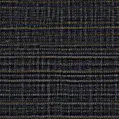 Horizontal striped fabric swatch with navy, gray, and mustard yellow threads; dense weave with nubby texture and muted industrial palette.