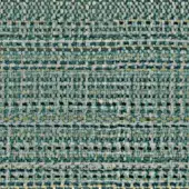 Textile sample “1159 lagoon” features horizontal stripes in muted teal, gray, olive, and yellow with a complex woven texture.