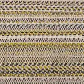 Horizontal striped fabric swatch, off-white and teal, with yellow and dark gray bands, dense knit texture, irregular pattern, studio lighting.