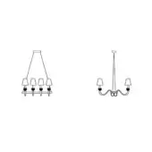 Chandelier line drawings, white background, horizontal bar with four lights and vertical stem with three curved arms, minimalist design.