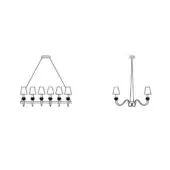 Two black line drawings of chandeliers, one rectangular with six arms, the other traditional with three curved arms, against white.