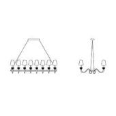Chandelier line drawings, black on white, depict a rectangular nine-lamp fixture and a three-arm traditional style with conical shades.