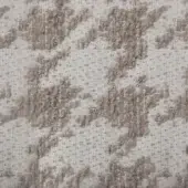 Fabric swatch with repeating floral pattern in oat and beige, featuring textured yarn tufts on a woven plain weave background.