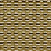 Textured fabric sample with horizontal bands of olive green and cream, featuring a dense weave and dark brown grid pattern.