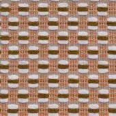 Geometric textile with vertical stripes in white, olive green, and muted orange-brown; dense flat weave with rounded rectangular pattern.