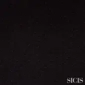 Black fabric sample with a dense, matte weave texture and subtle tonal variations, featuring “SICIS” branding and “selene black” product details.