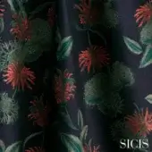 SICIS Botanica fabric swatch, navy blue background, detailed floral embroidery in dark green and red-orange, textured woven construction.