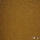 Sicis fabric sample, gold woven texture, irregular layered pattern with subtle hue variations and a granular surface, brand logo visible.