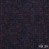 Sicis Eliodoro fabric swatch in navy blue features a raised copper grid pattern, dense woven texture, and stylized brand lettering.