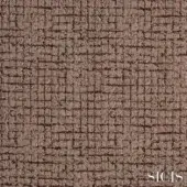Sicis fabric sample, greige textured weave, irregular brick pattern with short pile and subtle tonal shifts, light gray background.